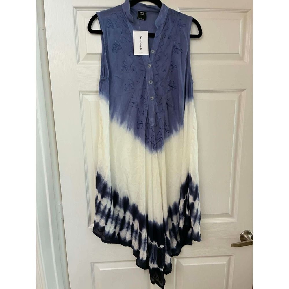 Seven Islands New York Tunic Dress Womens Large Blue White Tie‎ Dye Sleeveless